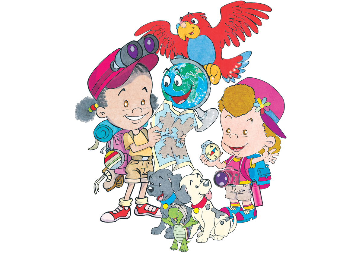 A colorful cartoon illustration of children and animals on a plain white background. The scene includes two children in explorer-style outfits with binoculars and a map, a parrot above them, a globe, a small bird, and several dogs at the bottom.