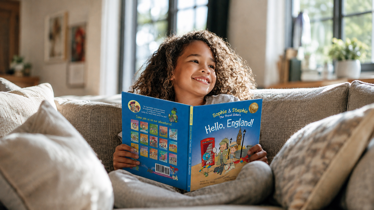 A smiling young girl with curly hair sits on a beige couch in a bright living room, holding an open children's book titled 'Hello, England!' with a blue cover.